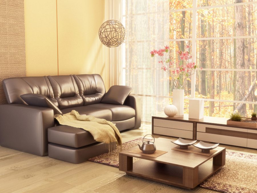Styled living room with a leather sofa and warm lighting